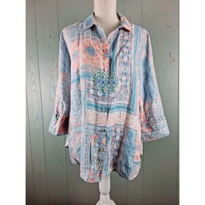Chicos‎ No Iron Linen Button Shirt 2 Womens 12 Patchwork Print 3/4 Sleeve Top